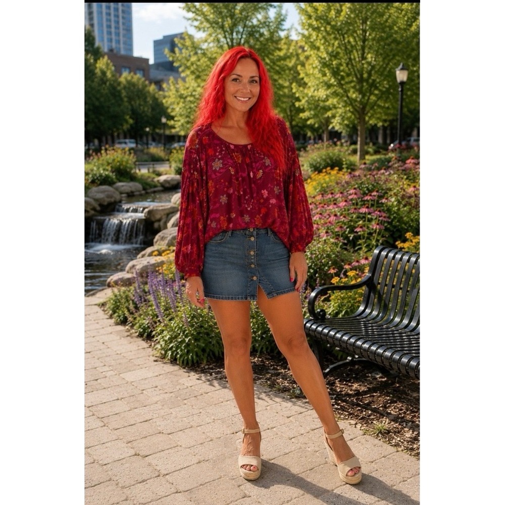 Free People Floral Mesh Boho Festival Indie Balloon Sleeve Top